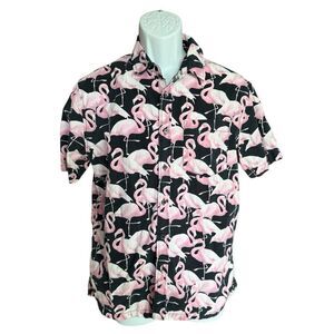 Mens Forever 21 Pink Flamingo Printed Button Down Short-Sleeve Shirt - Sz M